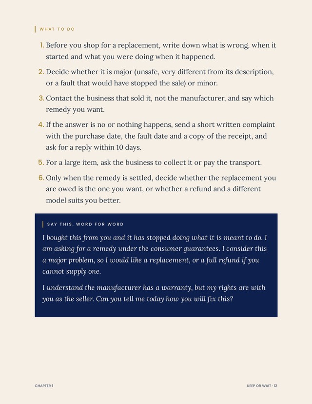 Page 12: Every chapter ends like this: the exact words for the retailer or dealer, and on the next page, what to say when they say no.