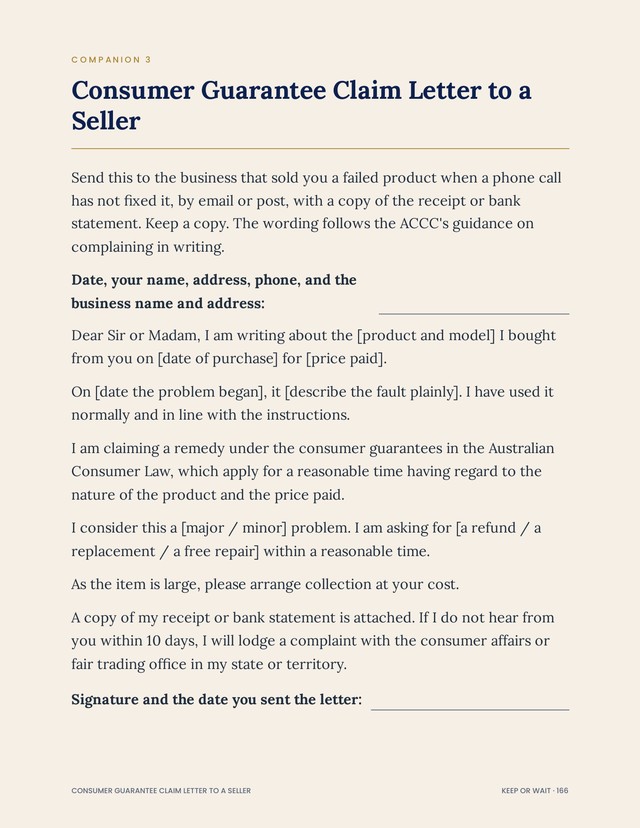 Page 166: Companion 3: the claim letter to a seller. Fill in the blanks and send it.